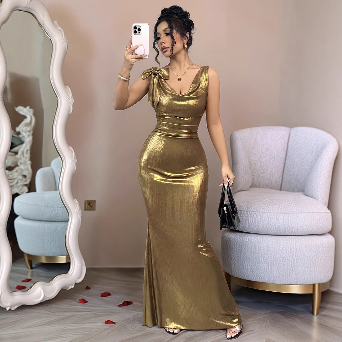 American Gold Deep V-neck Backless Slim Fit Long Dress