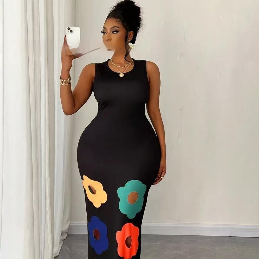 Summer New Fashion Round Neck Sleeveless Printed Hollow Dress Women