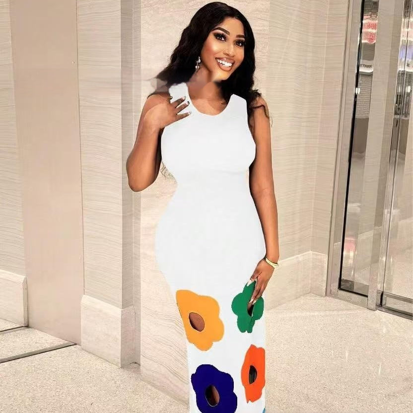 Summer New Fashion Round Neck Sleeveless Printed Hollow Dress Women