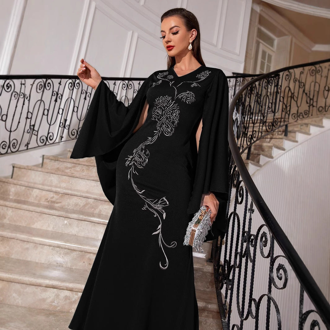 Embroidered Slim Bat Sleeve Sheath Dress