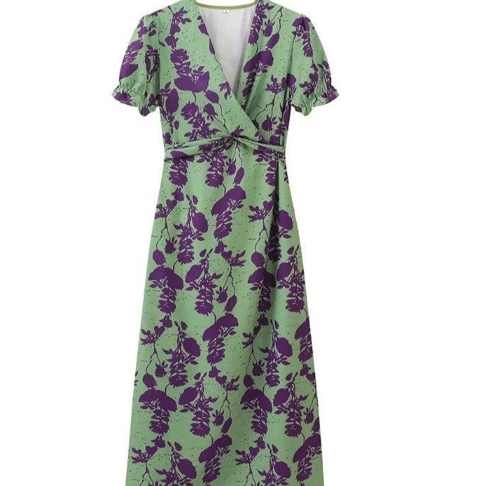 Top Selling V-neck Short Sleeved Dress - Floral Print Pleated Detail Women's Casual Summer Dress