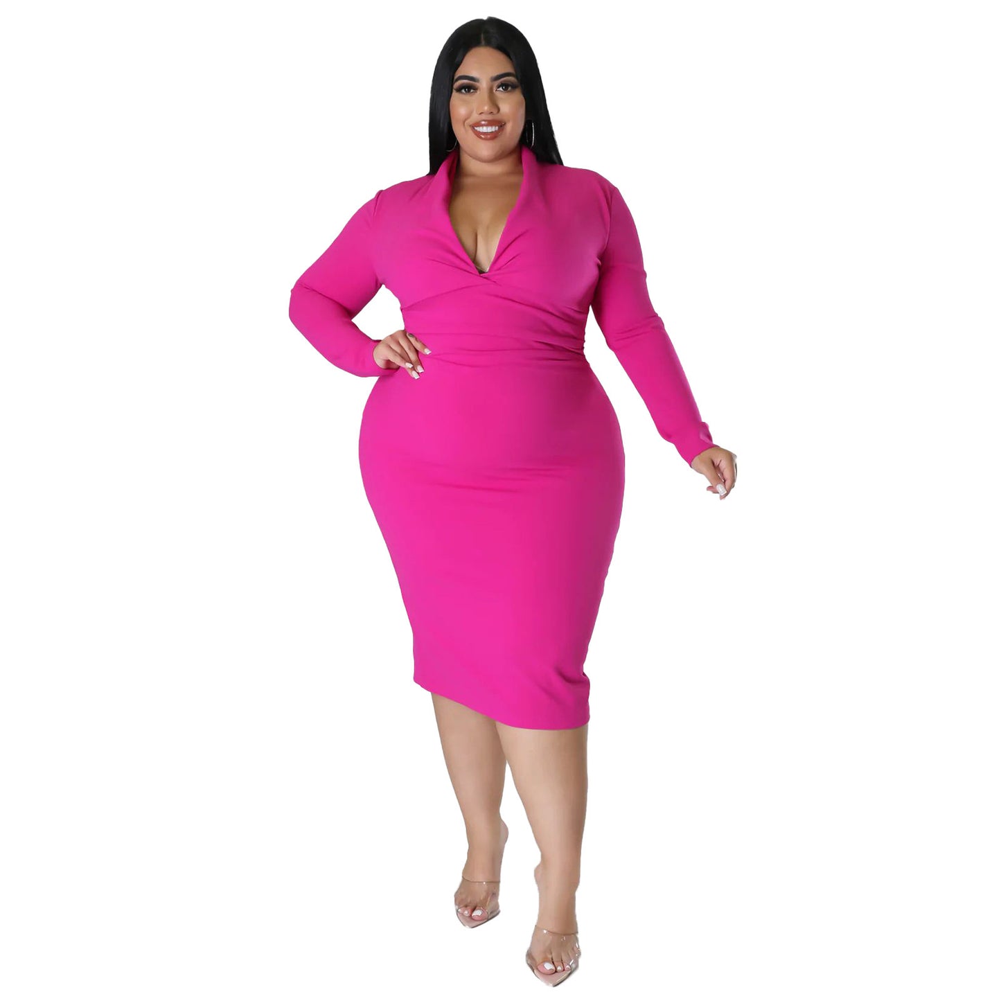 Fashion Casual Solid Color Long Sleeve Zipper V-neck Dress