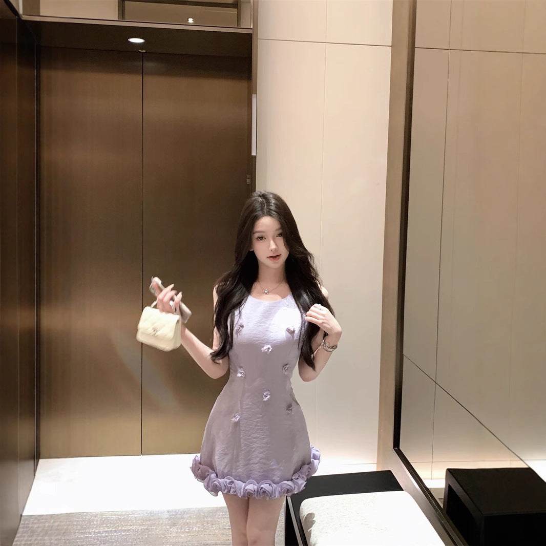 Retro Three-dimensional Flower Edge Sleeveless Waist Trimming Short Dress