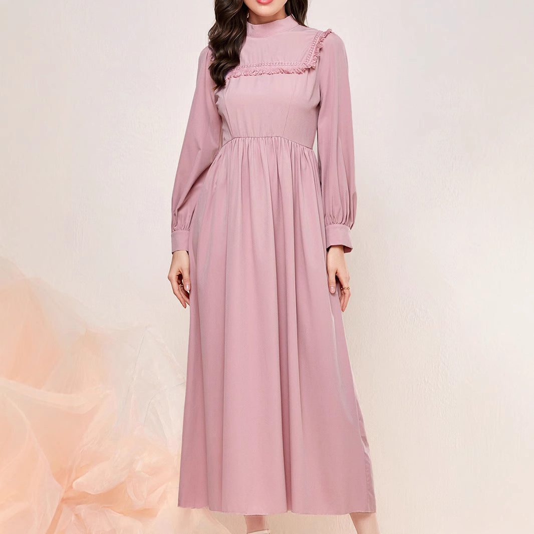 Tassel Stitching Mid-waist Stand Collar Fashion Elegant Dress