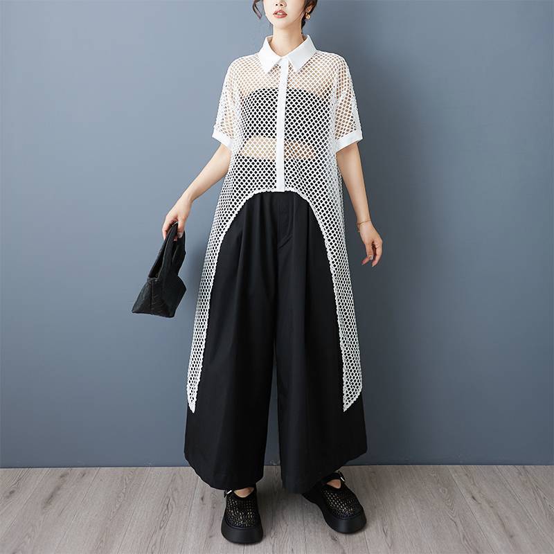 Niche Design Front Short Back Long Mesh Shirt See-through Hollow Dress SuzyFlo