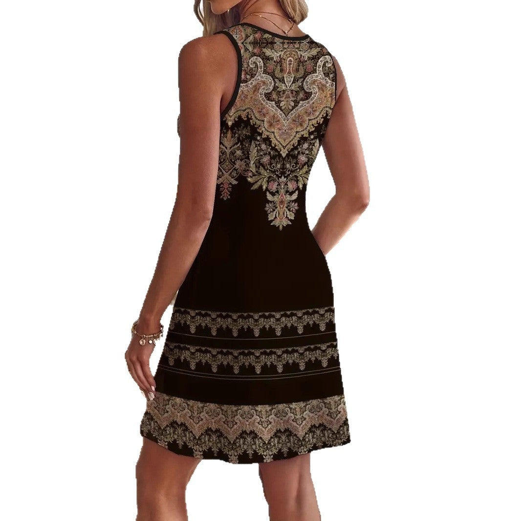 Women's Printed Sling Fashion Casual V-neck Zipper Sleeveless Dress