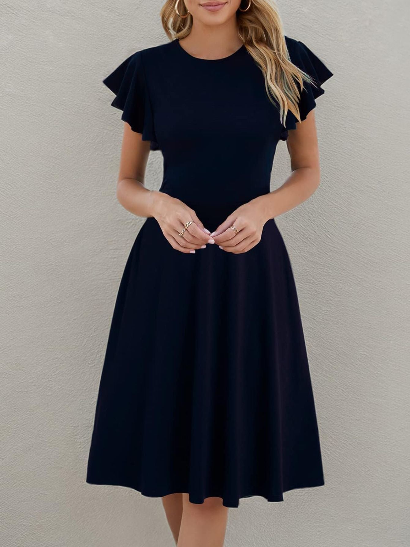 Short Sleeve Round Neck Elegant Ruffle Sleeve Solid Color Casual Mid-length Dress