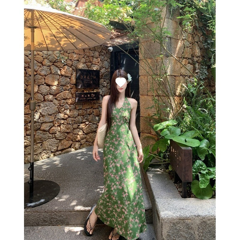 Retro Green Shivering Halter Vacation Style V-neck Tight Waist Dress