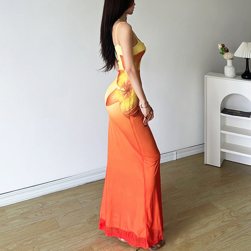 Pure Desire Wind Three-dimensional Gradient Flower Fishtail Sheath Dress