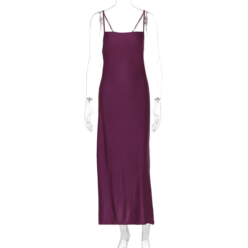 Fashion Back Lace-up Sleeveless Slim-fit Sexy Pure Black Sheath Suspender Dress