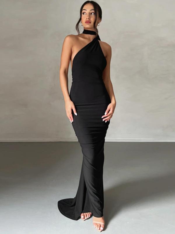 Women's Fashion Plain Sling Collar Tight Dress