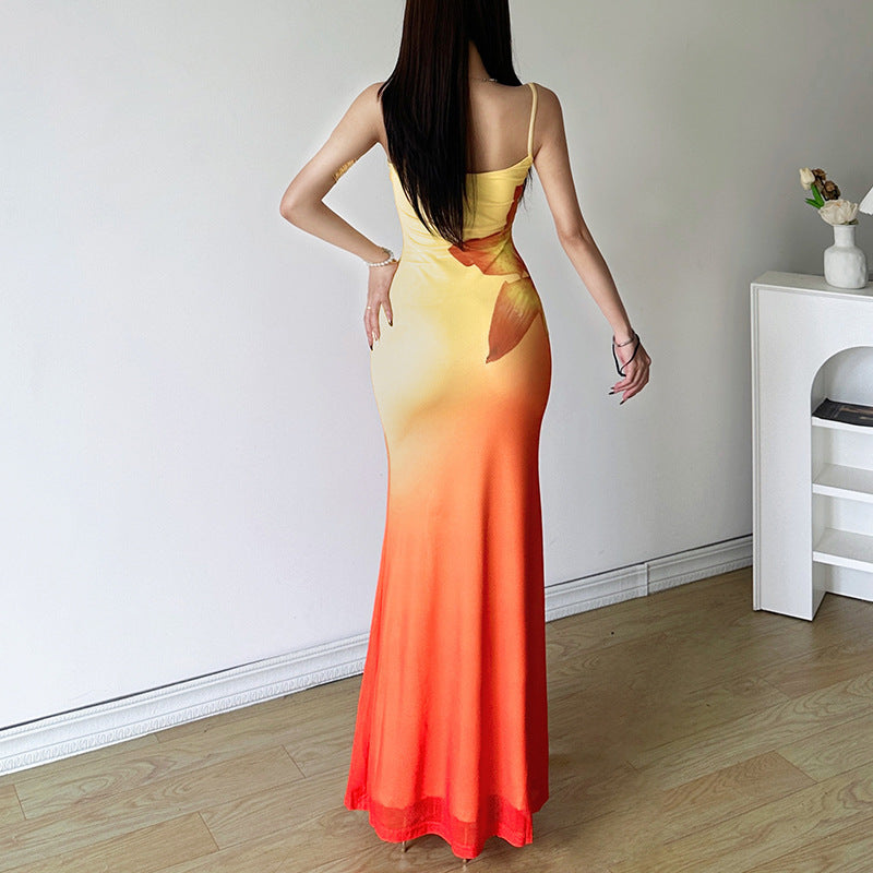 Pure Desire Wind Three-dimensional Gradient Flower Fishtail Sheath Dress