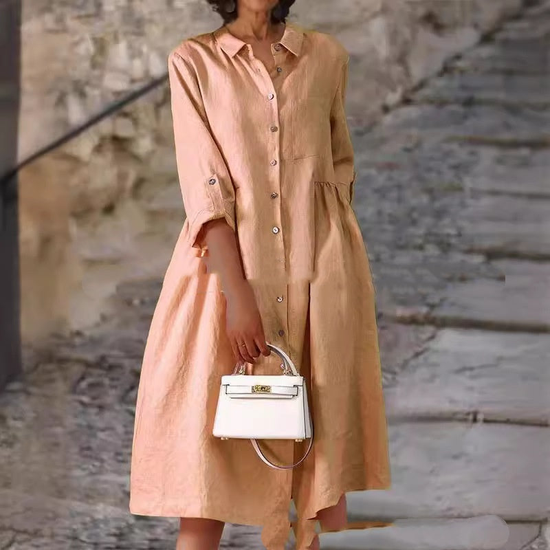 Pure Cotton And Linen Solid Color Loose Pocket Dress