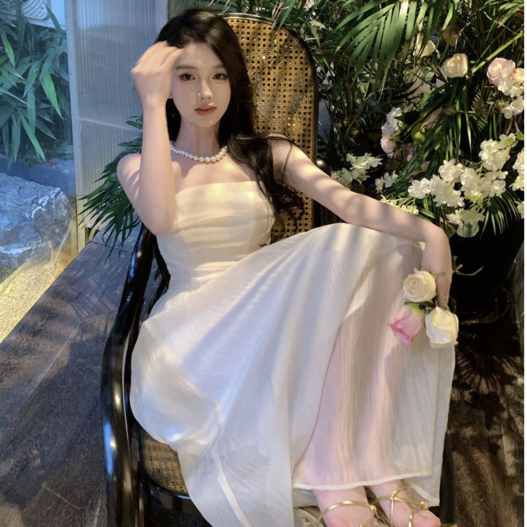 French Gentle Apricot Bandeau Sling Dress