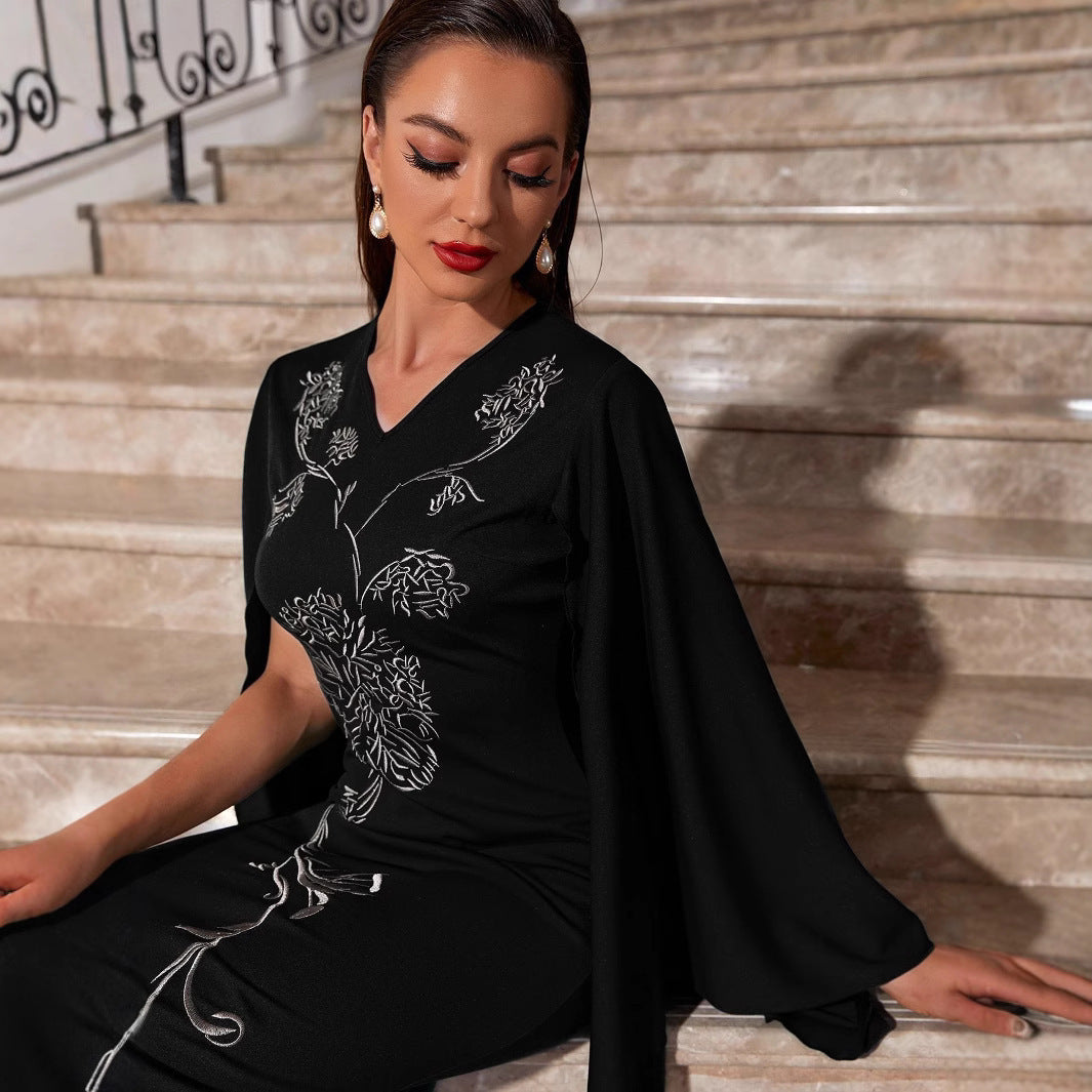 Embroidered Slim Bat Sleeve Sheath Dress