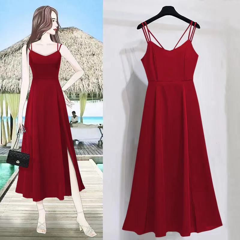Women's Sexy Slit Mid-length Korean Style Fashion Suspenders Dress