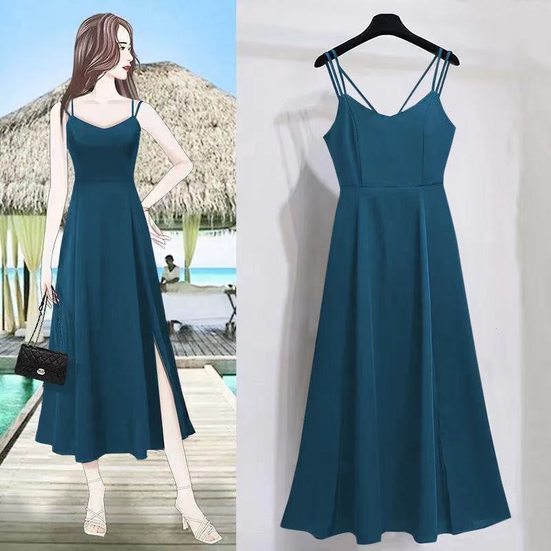Women's Sexy Slit Mid-length Korean Style Fashion Suspenders Dress