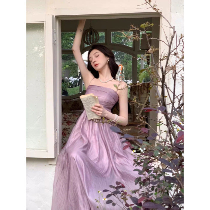 French Gentle Apricot Bandeau Sling Dress