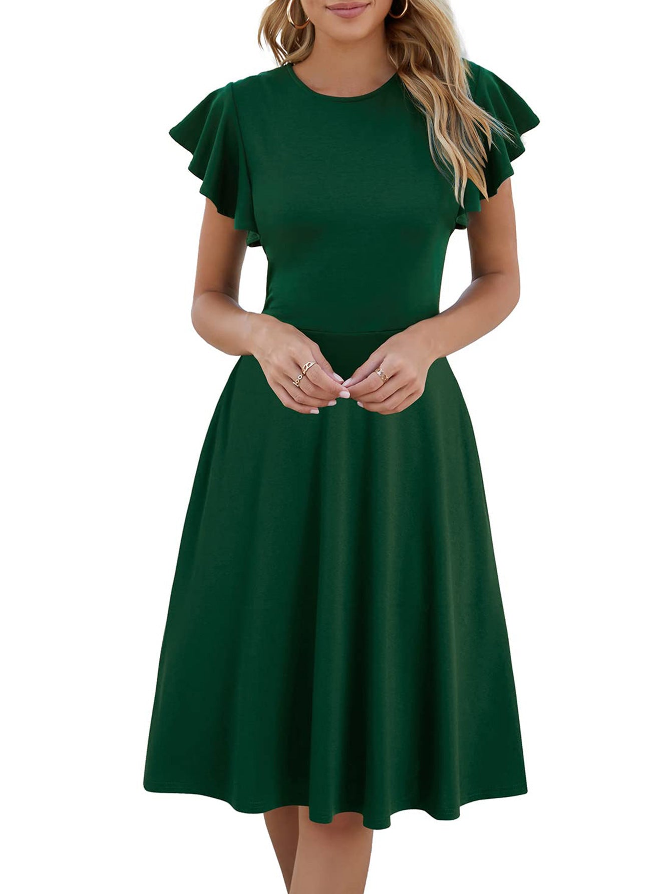 Short Sleeve Round Neck Elegant Ruffle Sleeve Solid Color Casual Mid-length Dress