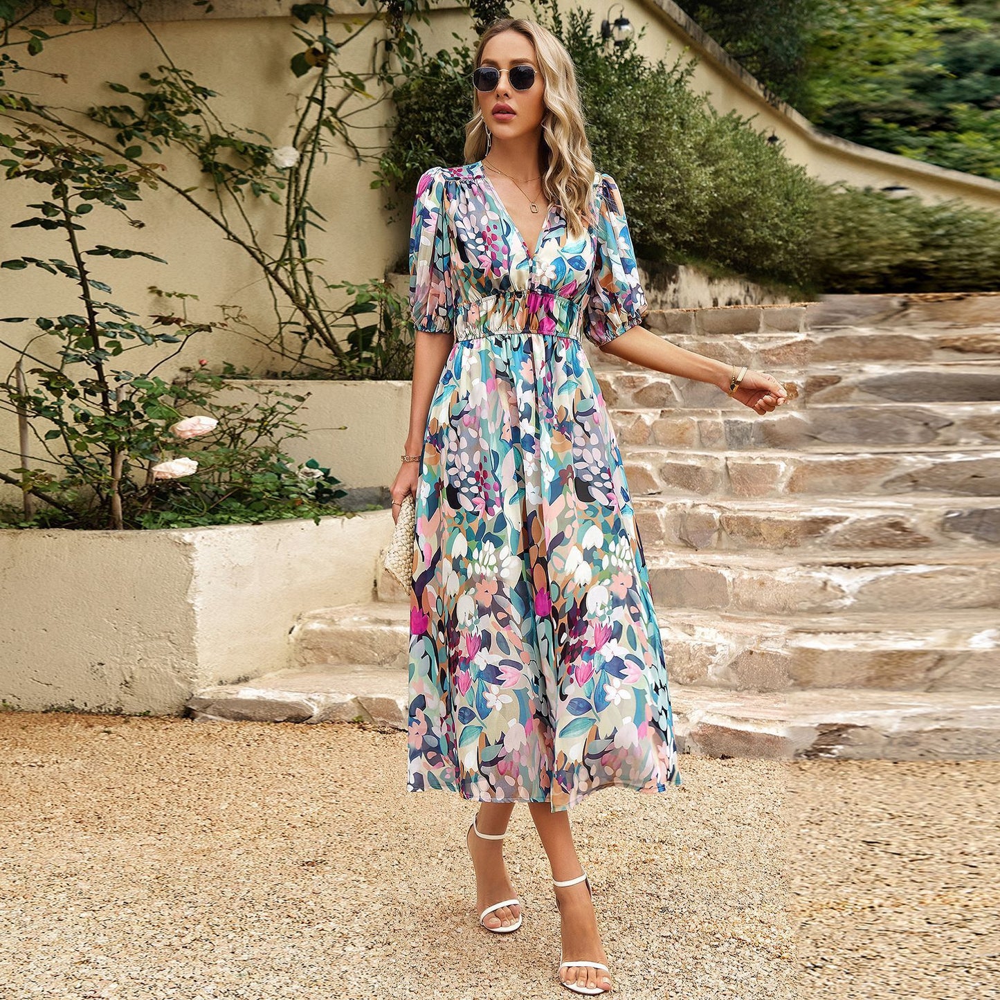 Elegant Summer Floral Print Dress With Deep V-neck Design And Waist Tie