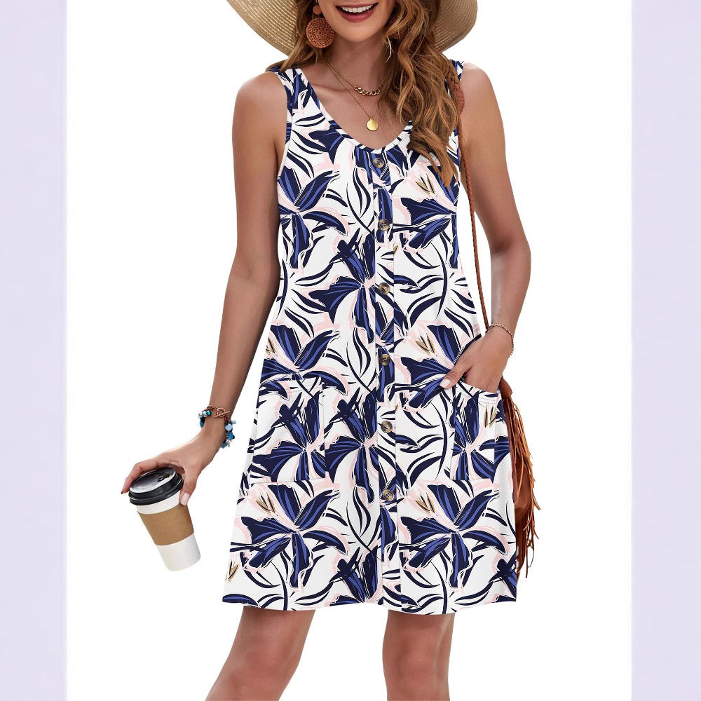 Beach Print Button Pocket Casual Sleeveless Women's Dress SuzyFlo