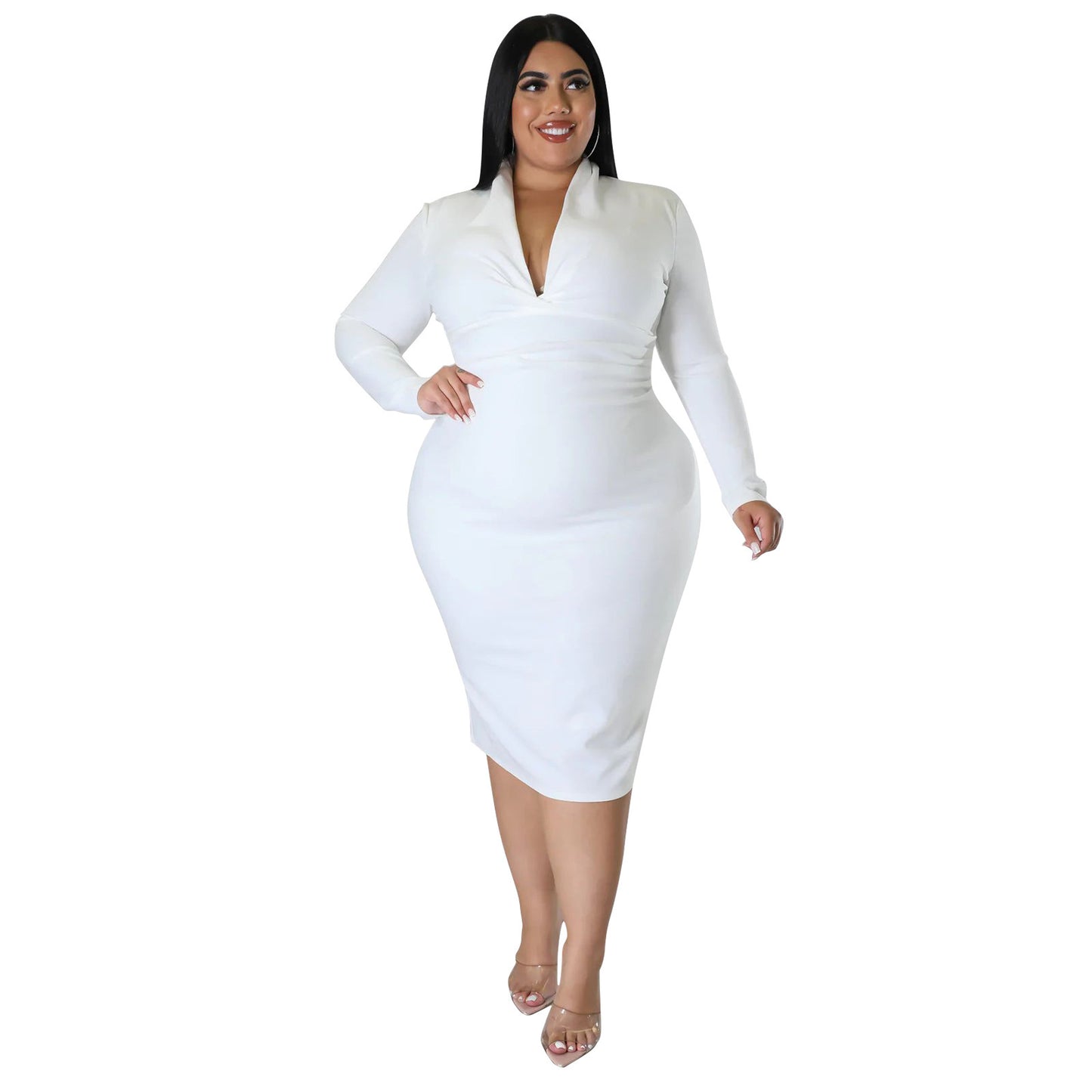 Fashion Casual Solid Color Long Sleeve Zipper V-neck Dress