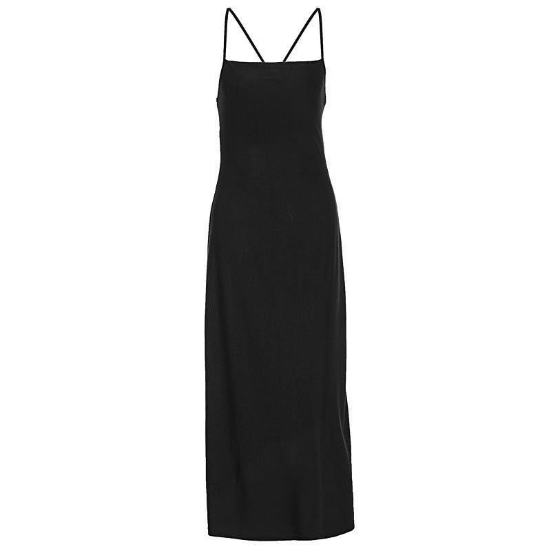 Fashion Back Lace-up Sleeveless Slim-fit Sexy Pure Black Sheath Suspender Dress