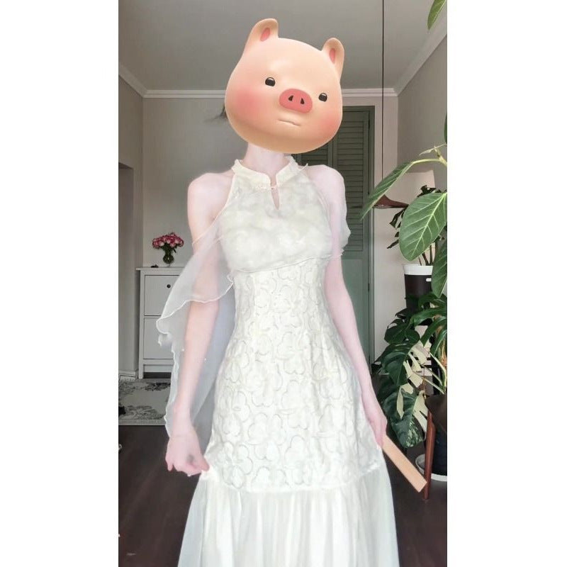 New Chinese Gentle Temperament Jacquard Sleeveless Halter Dress SuzyFlo