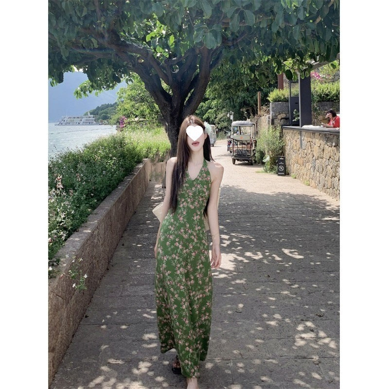 Retro Green Shivering Halter Vacation Style V-neck Tight Waist Dress