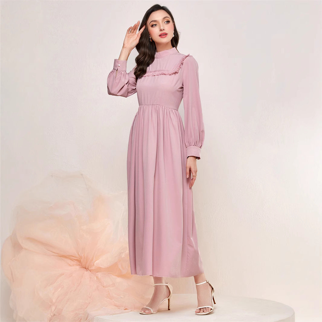 Tassel Stitching Mid-waist Stand Collar Fashion Elegant Dress
