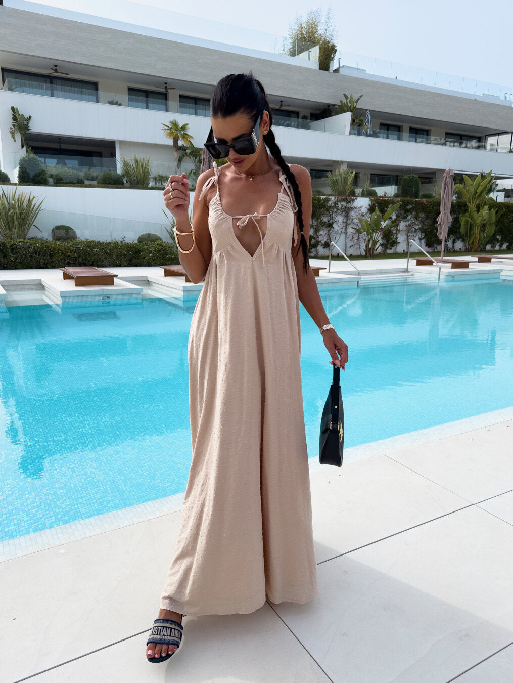 Women's Solid Color Jacquard Sling Deep V Sexy Loose Dress