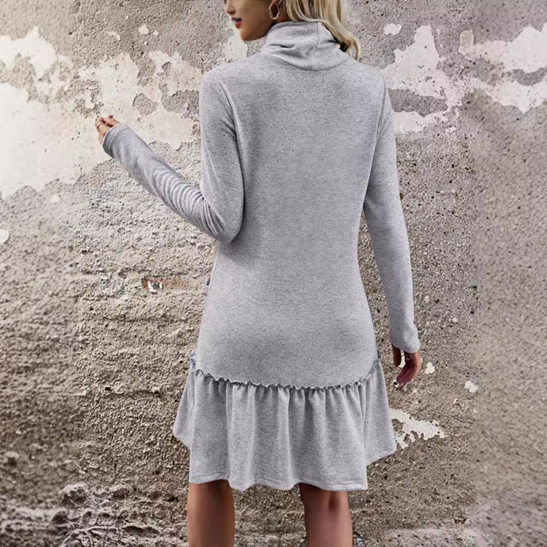 Women's Clothing Temperament Leisure Turtleneck Pure Color Ruffles Dress