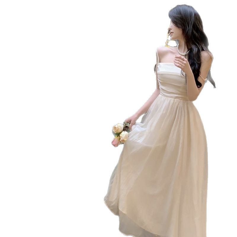 French Gentle Apricot Bandeau Sling Dress