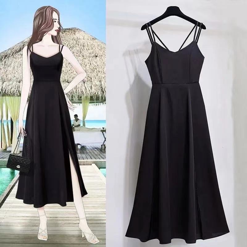 Women's Sexy Slit Mid-length Korean Style Fashion Suspenders Dress