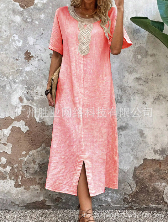 Round Neck Ruffled Short Sleeves Pure Cotton And Linen Slit Loose Dress