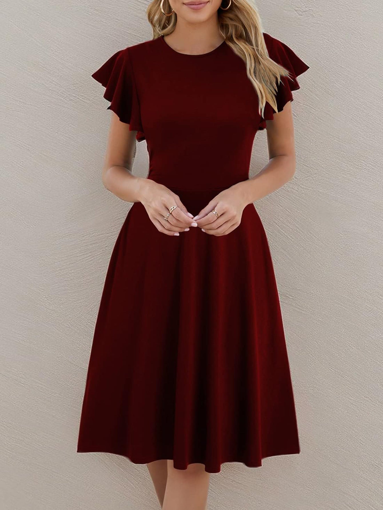 Short Sleeve Round Neck Elegant Ruffle Sleeve Solid Color Casual Mid-length Dress
