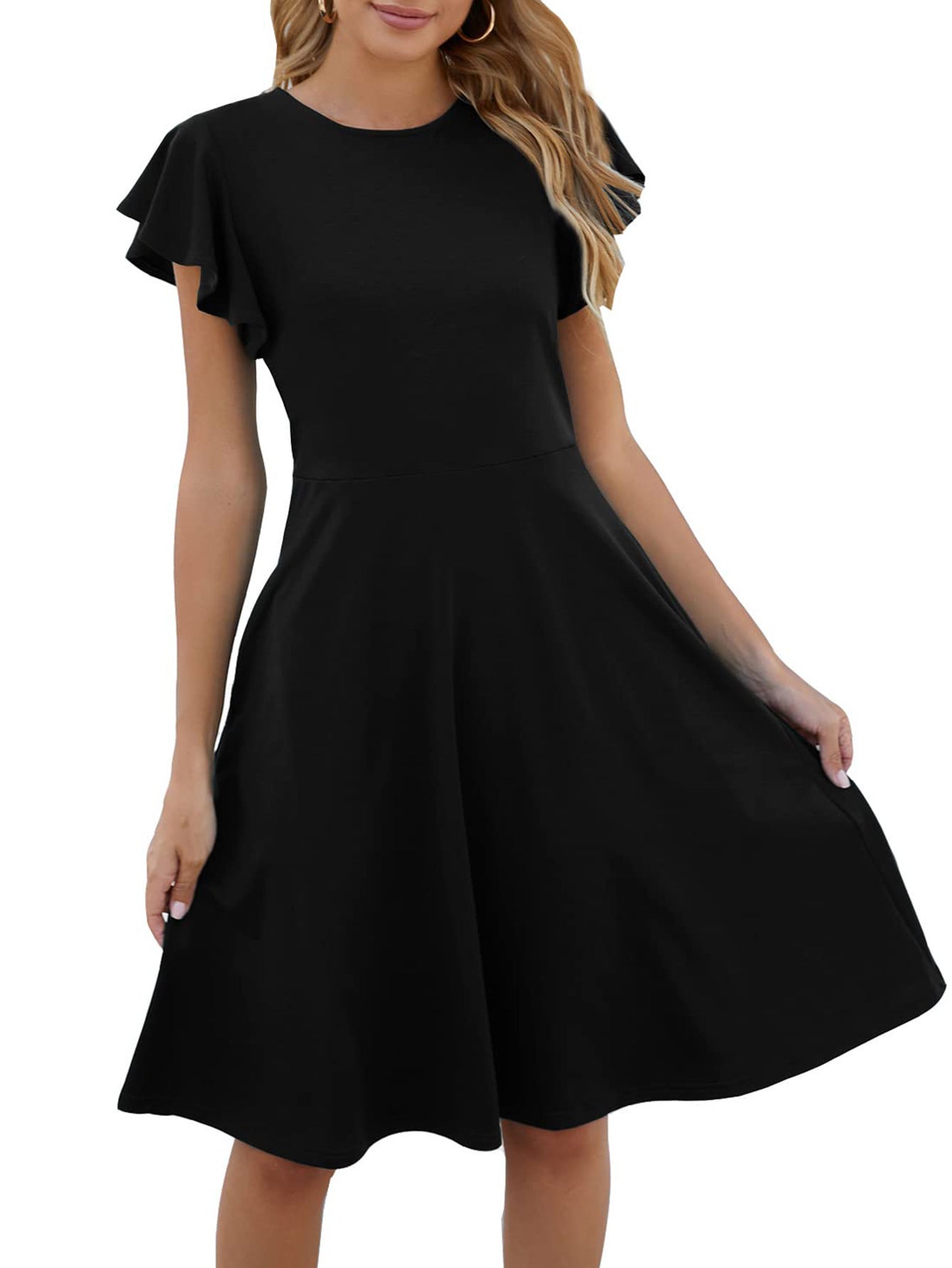 Short Sleeve Round Neck Elegant Ruffle Sleeve Solid Color Casual Mid-length Dress