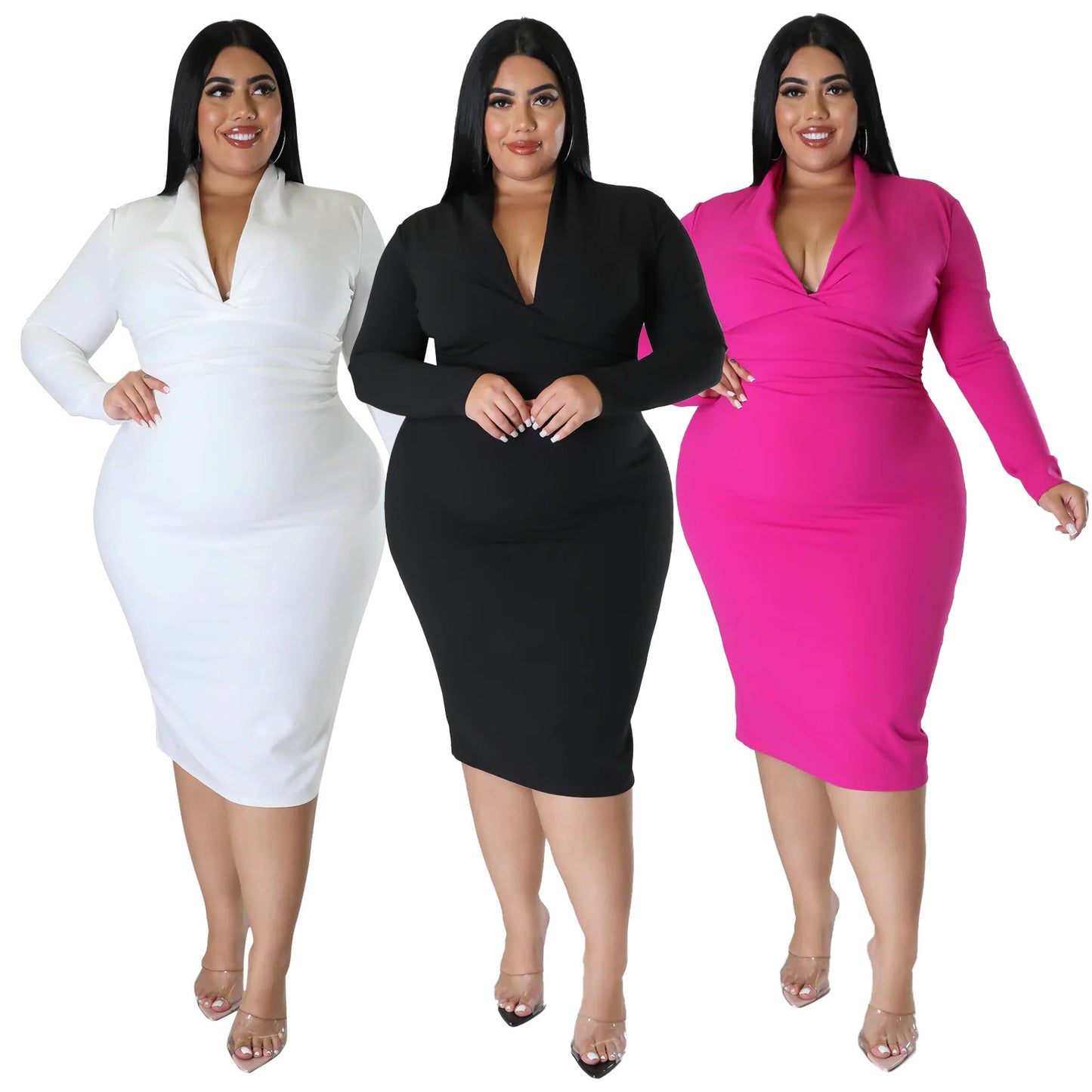 Fashion Casual Solid Color Long Sleeve Zipper V-neck Dress