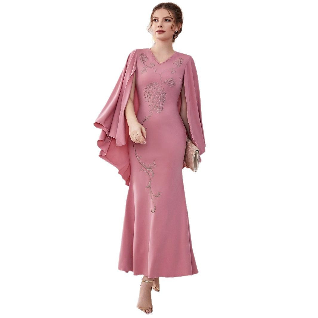 Embroidered Slim Bat Sleeve Sheath Dress