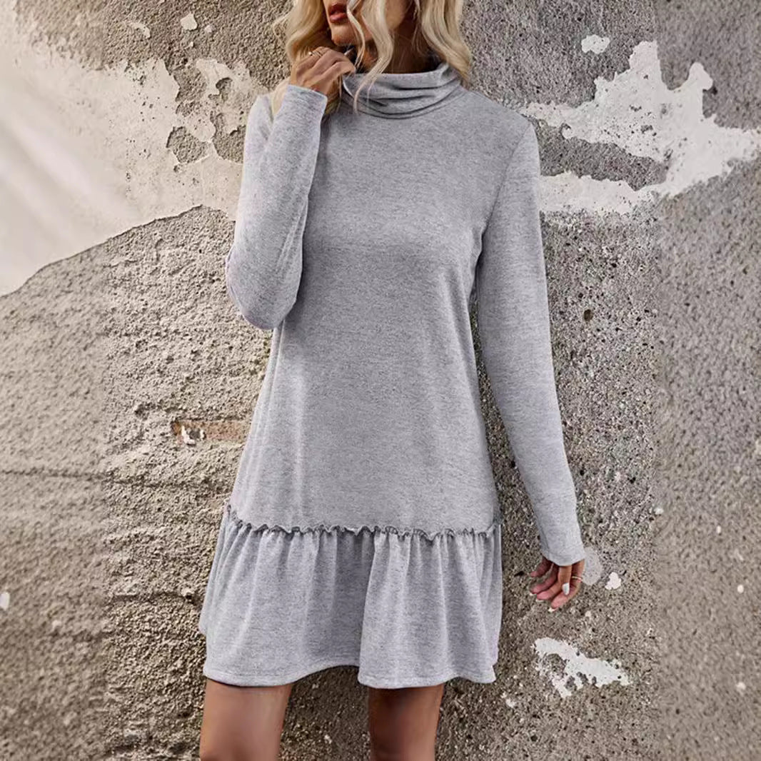Women's Clothing Temperament Leisure Turtleneck Pure Color Ruffles Dress