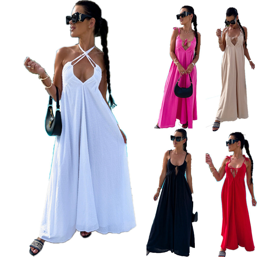 Women's Solid Color Jacquard Sling Deep V Sexy Loose Dress