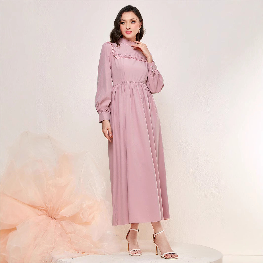 Tassel Stitching Mid-waist Stand Collar Fashion Elegant Dress