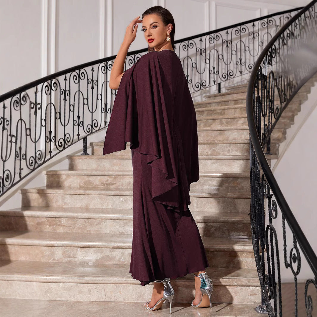 Embroidered Slim Bat Sleeve Sheath Dress