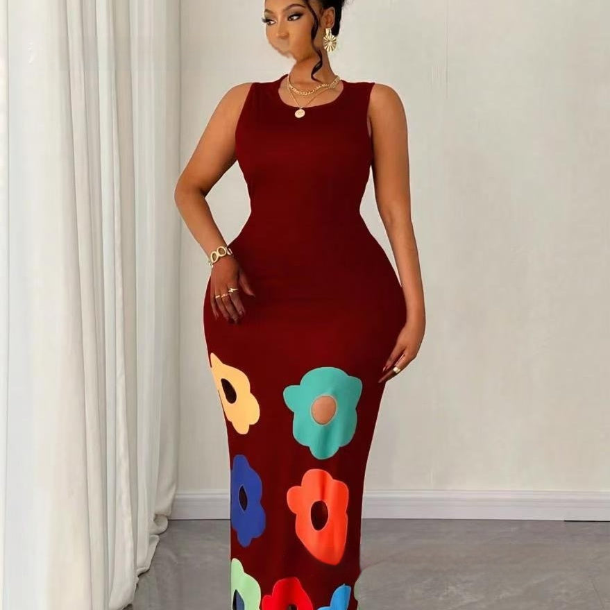 Summer New Fashion Round Neck Sleeveless Printed Hollow Dress Women