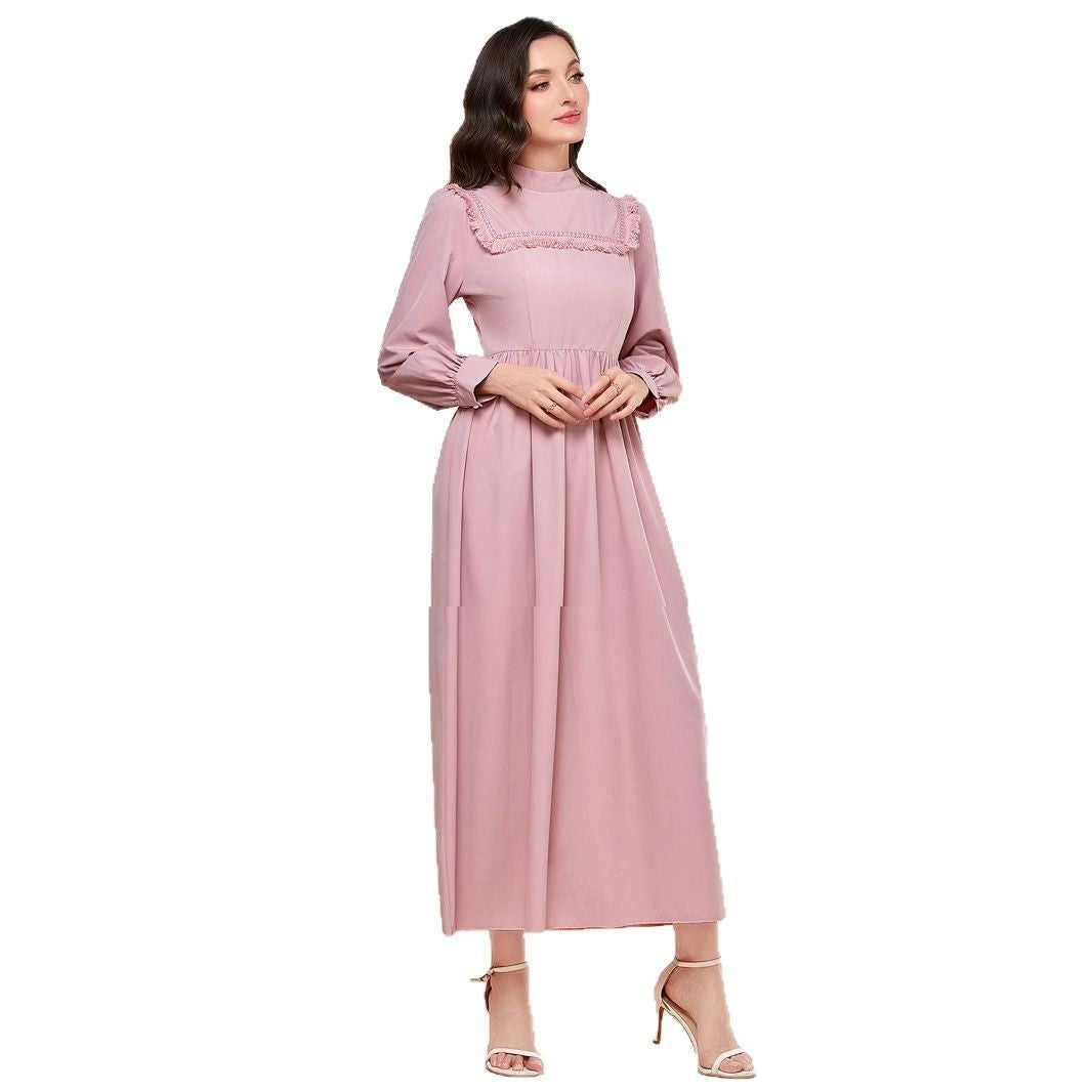 Tassel Stitching Mid-waist Stand Collar Fashion Elegant Dress