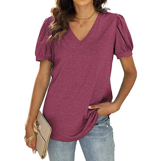 European And American Summer Casual V-neck Solid Color Puff Sleeve Loose T-shirt For Women SuzyFlo