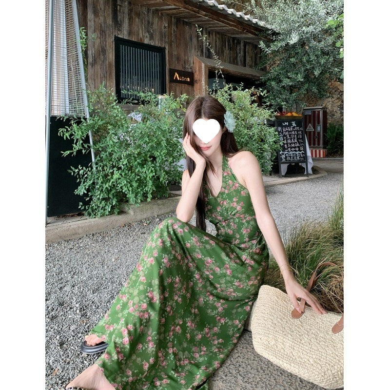 Retro Green Shivering Halter Vacation Style V-neck Tight Waist Dress