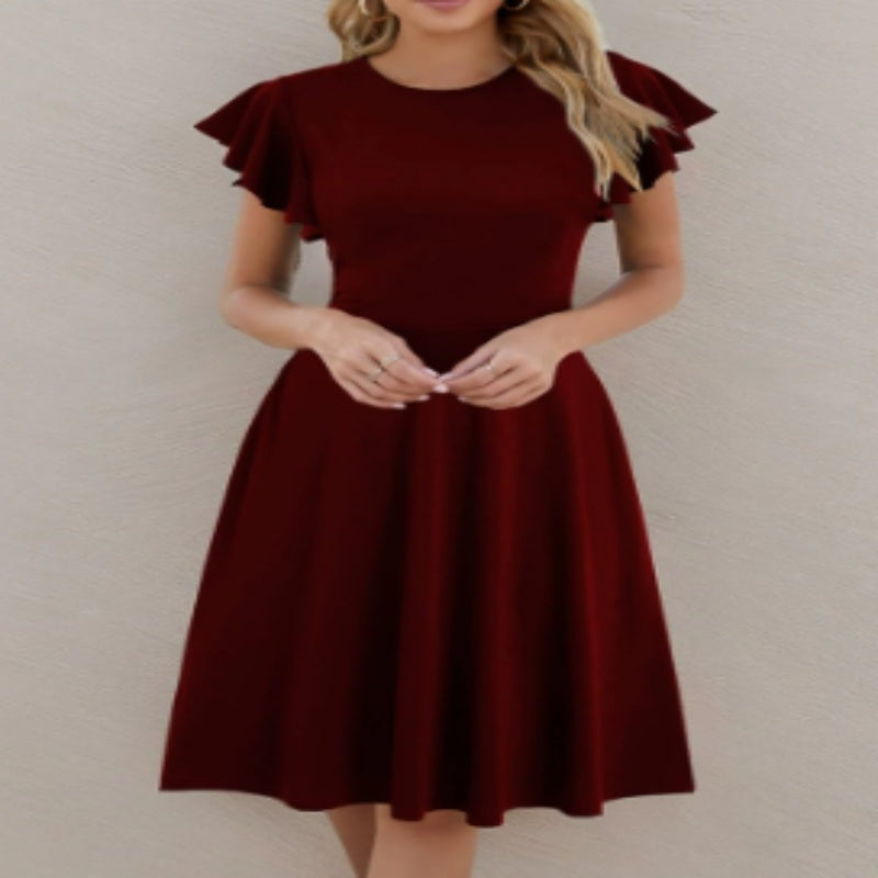 Short Sleeve Round Neck Elegant Ruffle Sleeve Solid Color Casual Mid-length Dress