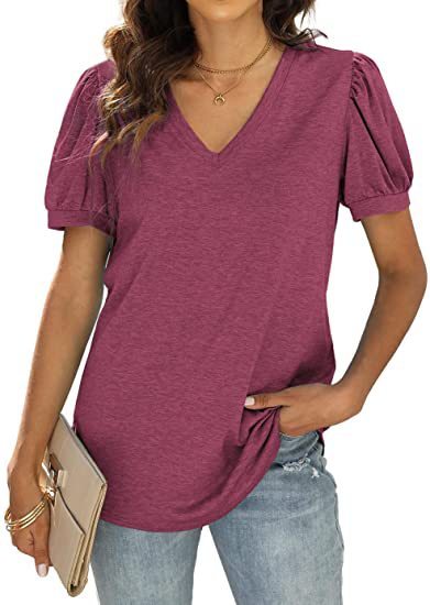 European And American Summer Casual V-neck Solid Color Puff Sleeve Loose T-shirt For Women SuzyFlo