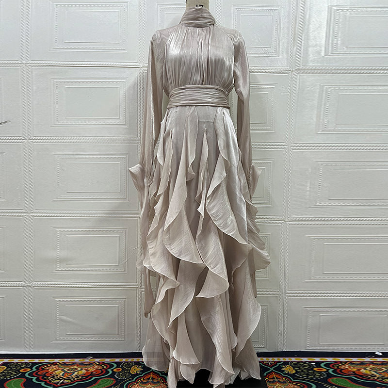 Elegant Pleated Ruffled Slim Fit Dress